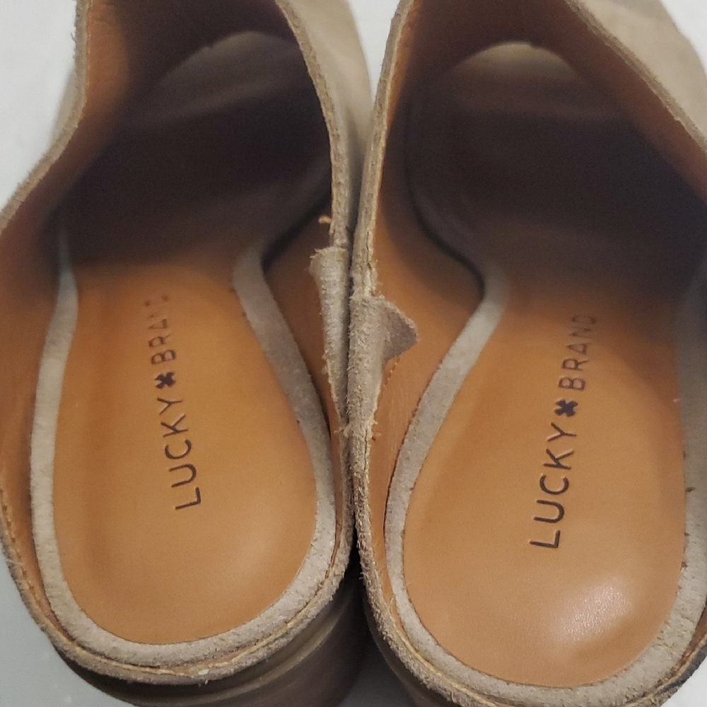 Lucchese Women's Beige Suede Block Heel Mules - Picture 5 of 6